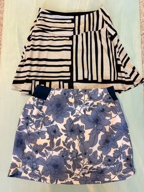 Calia Black & White Striped Skirt and Walter Hagen Blue Floral Skirt Duo